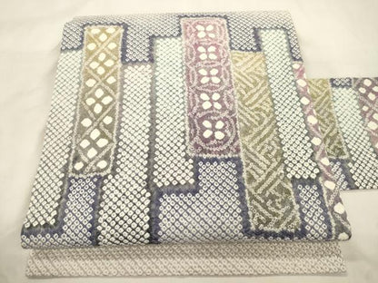 平和屋着物●名門　藤娘きぬたや・総絞り　九寸名古屋帯　短冊重ね文　正絹　逸品　CABM0752dy