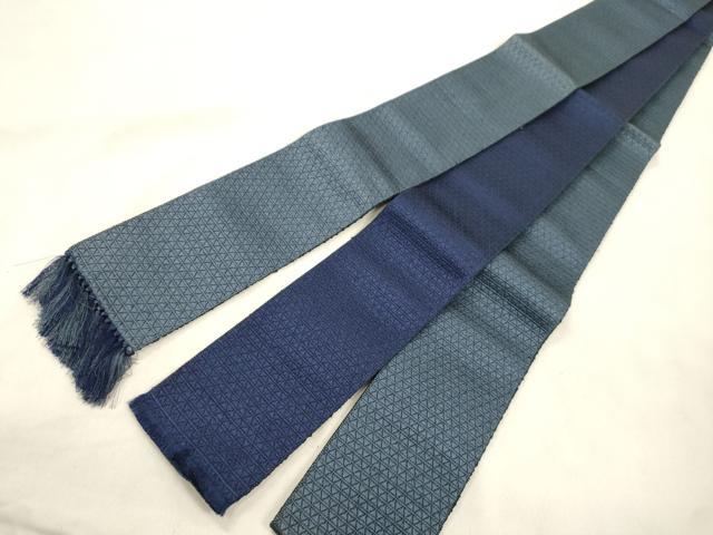 平和屋着物●男性　本場筑前博多織　両面　角帯　幾何学文　錆鼠色　藍鉄色　正絹　逸品　未使用　CABM0763dy
