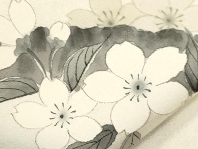 平和屋着物●洛楽人工房　九寸名古屋帯　手描き　枝桜文　銀通し地　正絹　逸品　CABM0764dy