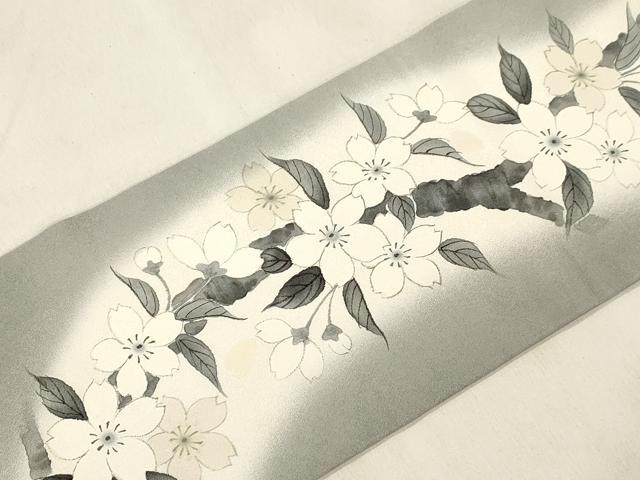 平和屋着物●洛楽人工房　九寸名古屋帯　手描き　枝桜文　銀通し地　正絹　逸品　CABM0764dy