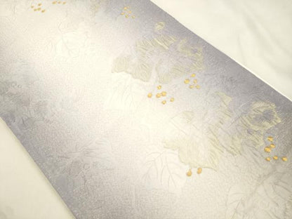 平和屋着物●両面　全通柄袋帯　葡萄蔦の葉文　銀通し地　正絹　逸品　CABM0791dy