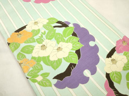 平和屋着物●六通柄袋帯　松田忍　雪輪草花丸文　金糸　正絹　逸品　CABM0795dy