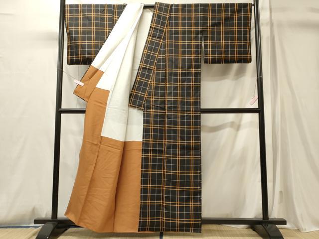 平和屋着物■本場縞大島紬　格子柄　正絹　逸品　CABM0811oy