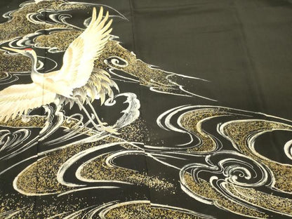 平和屋着物■豪華黒留袖　刺繍　手描き　立波飛鶴文　金彩　三越扱い　正絹　逸品　CABM0819oy