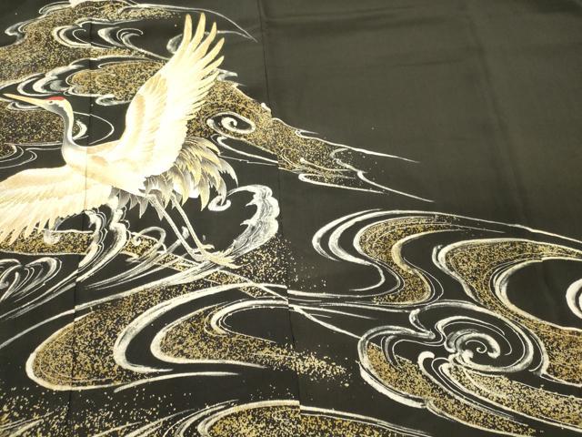 平和屋着物■豪華黒留袖　刺繍　手描き　立波飛鶴文　金彩　三越扱い　正絹　逸品　CABM0819oy