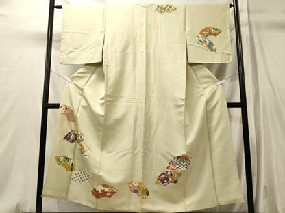 平和屋着物■訪問着　駒刺繍　地紙重ね草花文　金糸　正絹　逸品　CABM0844oy