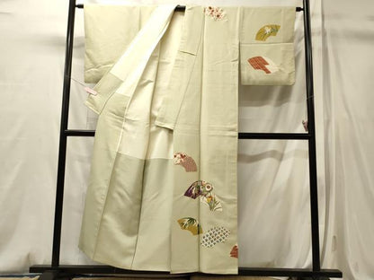 平和屋着物■訪問着　駒刺繍　地紙重ね草花文　金糸　正絹　逸品　CABM0844oy