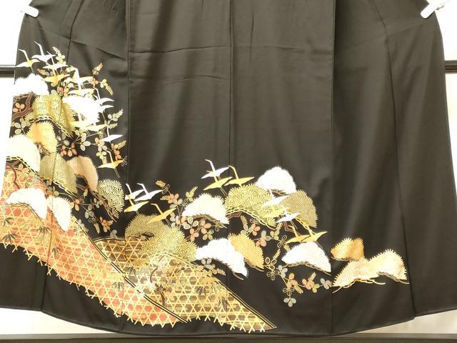 平和屋着物■豪華黒留袖　駒刺繍　籬飛鶴松文　金銀彩　正絹　逸品　CABM0882oy