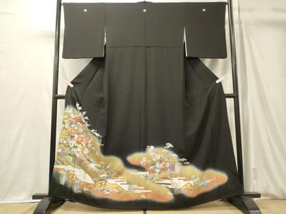 平和屋着物■豪華黒留袖　駒刺繍　渡り橋花松文　暈し染め　金彩　正絹　逸品　CABM0921oy