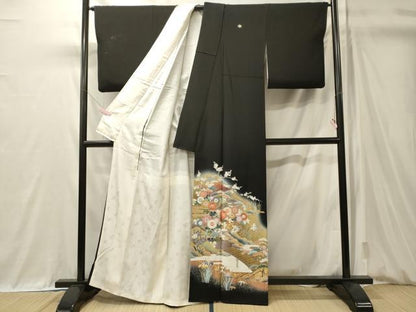 平和屋着物■豪華黒留袖　駒刺繍　渡り橋花松文　暈し染め　金彩　正絹　逸品　CABM0921oy
