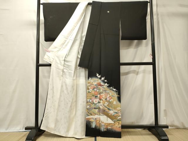 平和屋着物■豪華黒留袖　駒刺繍　渡り橋花松文　暈し染め　金彩　正絹　逸品　CABM0921oy