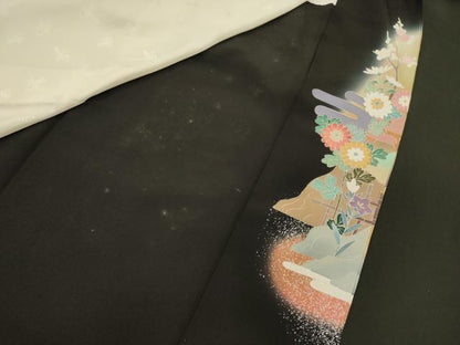 平和屋着物■豪華黒留袖　駒刺繍　渡り橋花松文　暈し染め　金彩　正絹　逸品　CABM0921oy