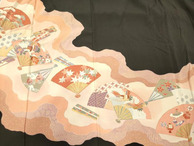 平和屋着物■豪華黒留袖　刺繍　扇面飛鶴花文　金彩　正絹　逸品　CABM0923oy