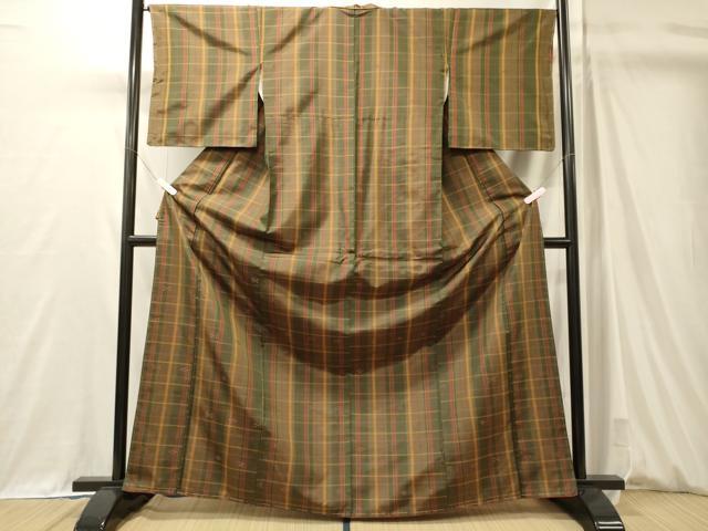 平和屋着物■上質な紬　格子　琉球絣文様　正絹　逸品　未使用　CABM0927oy