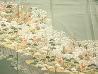 平和屋着物■豪華色留袖　駒刺繍　流水花松文　暈し染め　金彩　三越扱い　正絹　逸品　CABM0935oy