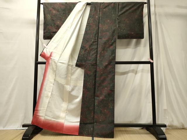 平和屋着物■上質な紬　花唐草文　黒地　正絹　逸品　未使用　CABM0946oy