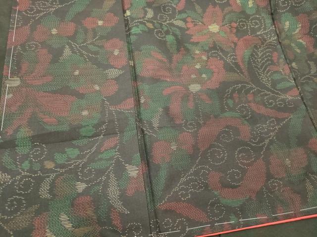 平和屋着物■上質な紬　花唐草文　黒地　正絹　逸品　未使用　CABM0946oy