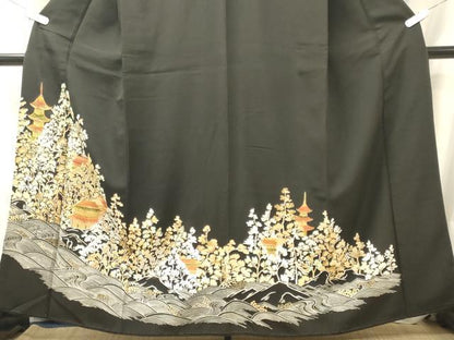 平和屋着物■豪華黒留袖　駒刺繍　立波風景草木文　金彩　正絹　逸品　CABM0955oy