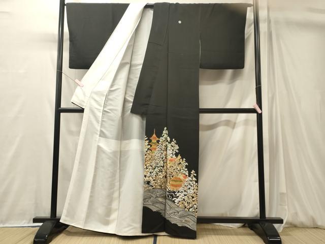 平和屋着物■豪華黒留袖　駒刺繍　立波風景草木文　金彩　正絹　逸品　CABM0955oy