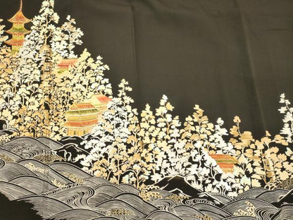 平和屋着物■豪華黒留袖　駒刺繍　立波風景草木文　金彩　正絹　逸品　CABM0955oy
