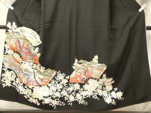 平和屋着物■豪華黒留袖　駒刺繍　扇面人物花松文　金彩　正絹　逸品　CABM1023oy