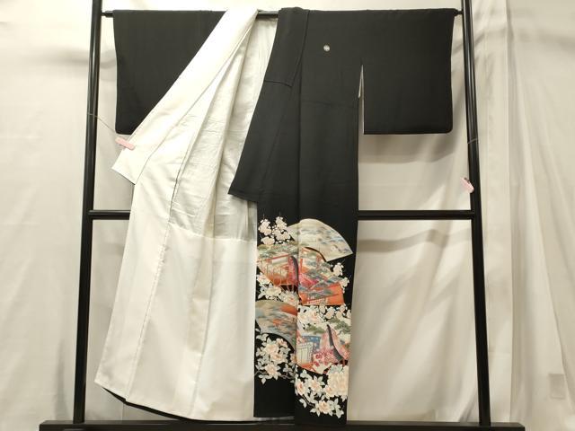 平和屋着物■豪華黒留袖　駒刺繍　扇面人物花松文　金彩　正絹　逸品　CABM1023oy