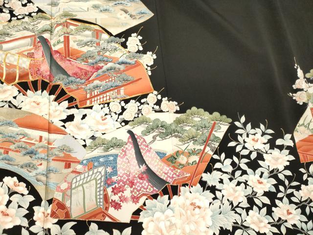 平和屋着物■豪華黒留袖　駒刺繍　扇面人物花松文　金彩　正絹　逸品　CABM1023oy
