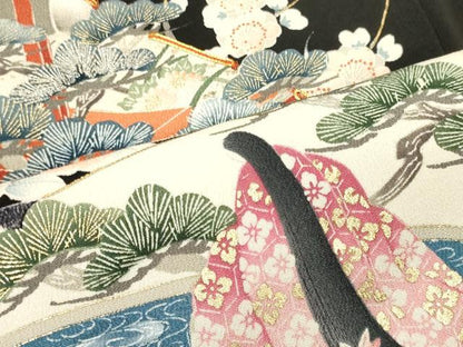 平和屋着物■豪華黒留袖　駒刺繍　扇面人物花松文　金彩　正絹　逸品　CABM1023oy