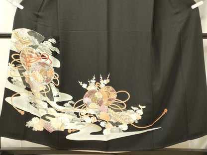 平和屋着物■豪華黒留袖　刺繍　流水鼓花文　金彩　正絹　逸品　CABM1024oy