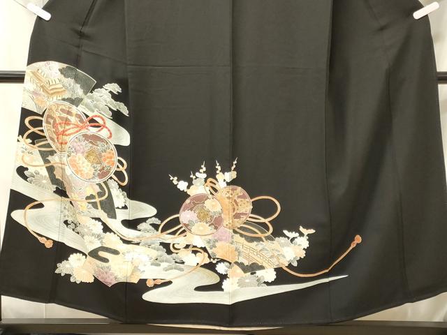平和屋着物■豪華黒留袖　刺繍　流水鼓花文　金彩　正絹　逸品　CABM1024oy