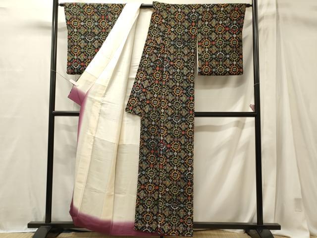 平和屋着物■上質な小紋　花鳥文　黒地　鬼しぼ縮緬　正絹　逸品　CABM1034oy