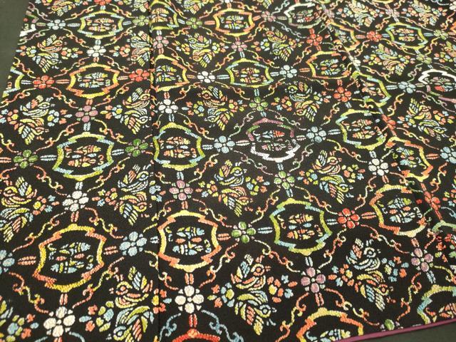 平和屋着物■上質な小紋　花鳥文　黒地　鬼しぼ縮緬　正絹　逸品　CABM1034oy