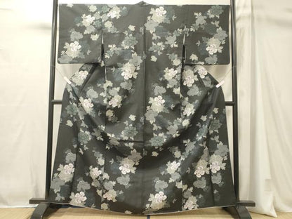 平和屋着物■小紋　草花文　黒地　洗える着物　CABM1052oy