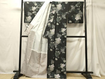 平和屋着物■小紋　草花文　黒地　洗える着物　CABM1052oy