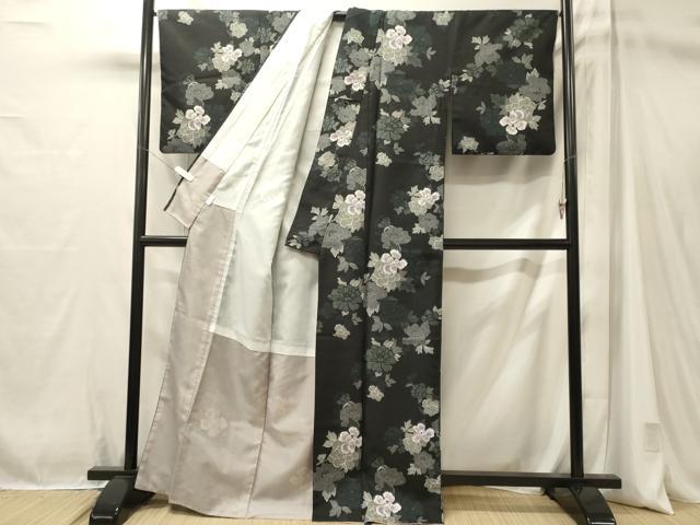平和屋着物■小紋　草花文　黒地　洗える着物　CABM1052oy