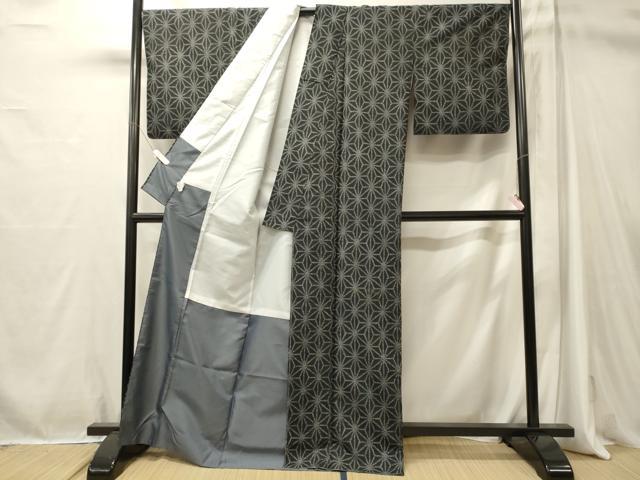 平和屋着物■小紋　麻の葉文様　黒地　洗える着物　CABM1063oy