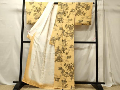 平和屋着物■上質な小紋　人物風景文　暈し染め　金彩　鬼しぼ縮緬　正絹　逸品　未使用　CABM1096oy