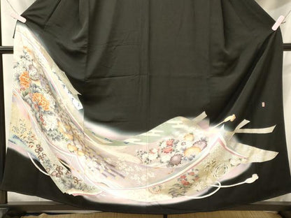 平和屋着物■豪華黒留袖　作家物　刺繍　孔雀花文　暈し染め　銀彩　正絹　逸品　CABM1111oy