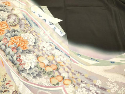 平和屋着物■豪華黒留袖　作家物　刺繍　孔雀花文　暈し染め　銀彩　正絹　逸品　CABM1111oy