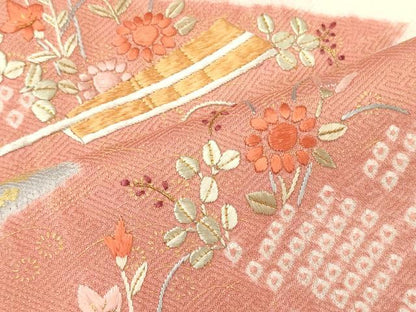 平和屋着物■訪問着　駒刺繍　絞り　松皮菱草花文　金彩　正絹　逸品　CABM1189oy