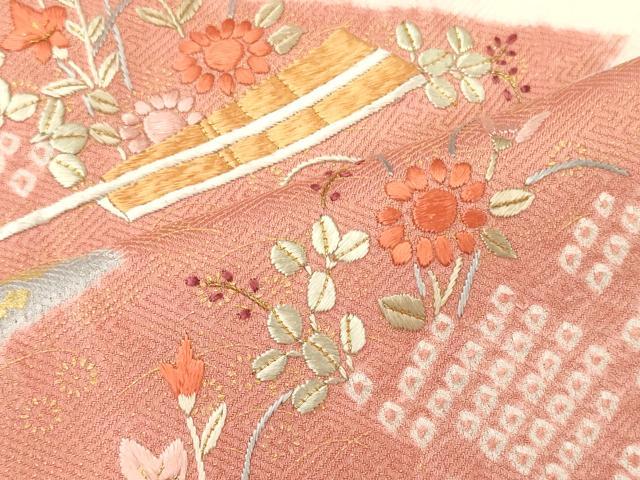 平和屋着物■訪問着　駒刺繍　絞り　松皮菱草花文　金彩　正絹　逸品　CABM1189oy