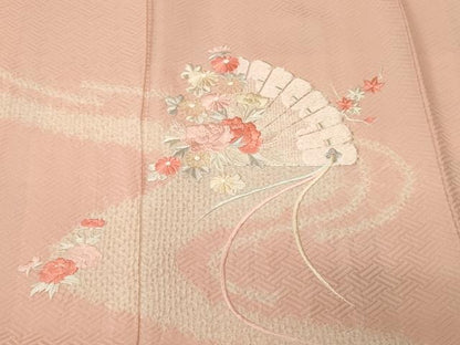 平和屋着物■訪問着　駒刺繍　絞り　流水檜扇草花文　正絹　逸品　CABM1202ev