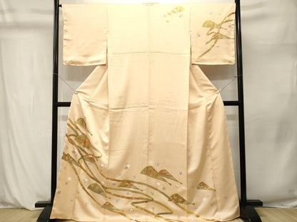 平和屋着物■訪問着　刺繍　鬘帯扇面舞花文　暈し染め　金彩　正絹　逸品　CABM1207ev