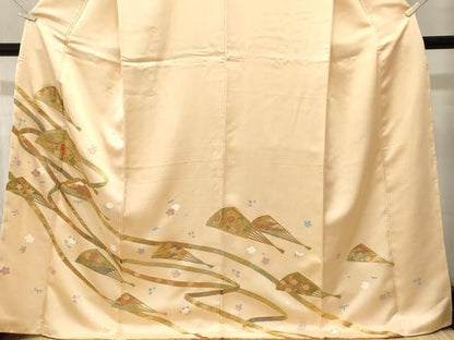 平和屋着物■訪問着　刺繍　鬘帯扇面舞花文　暈し染め　金彩　正絹　逸品　CABM1207ev