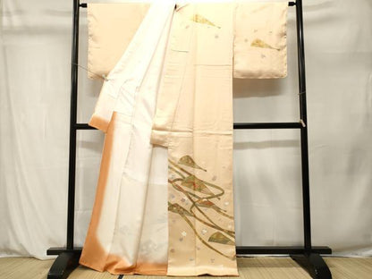 平和屋着物■訪問着　刺繍　鬘帯扇面舞花文　暈し染め　金彩　正絹　逸品　CABM1207ev