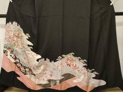 平和屋着物■豪華黒留袖　駒刺繍　御所車飛鶴吉祥花文　金彩　正絹　逸品　CABM1208ev