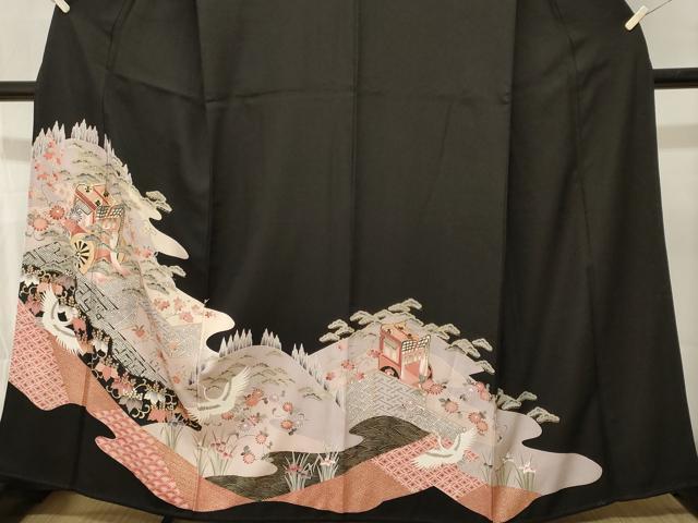 平和屋着物■豪華黒留袖　駒刺繍　御所車飛鶴吉祥花文　金彩　正絹　逸品　CABM1208ev