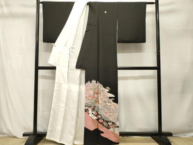 平和屋着物■豪華黒留袖　駒刺繍　御所車飛鶴吉祥花文　金彩　正絹　逸品　CABM1208ev