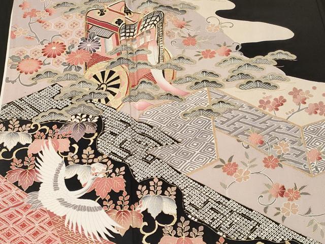 平和屋着物■豪華黒留袖　駒刺繍　御所車飛鶴吉祥花文　金彩　正絹　逸品　CABM1208ev