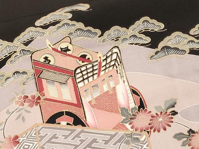 平和屋着物■豪華黒留袖　駒刺繍　御所車飛鶴吉祥花文　金彩　正絹　逸品　CABM1208ev